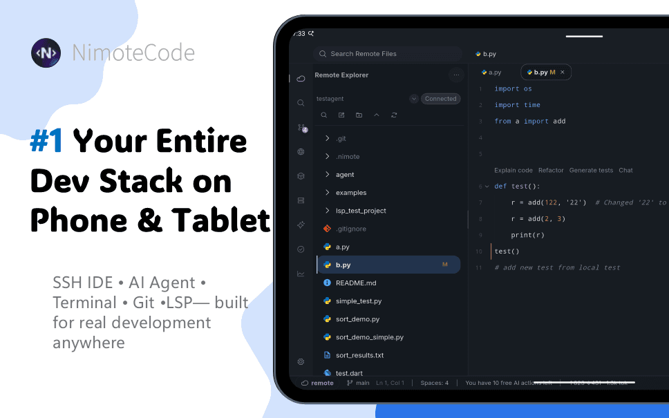NimoteCode mobile IDE interface during development