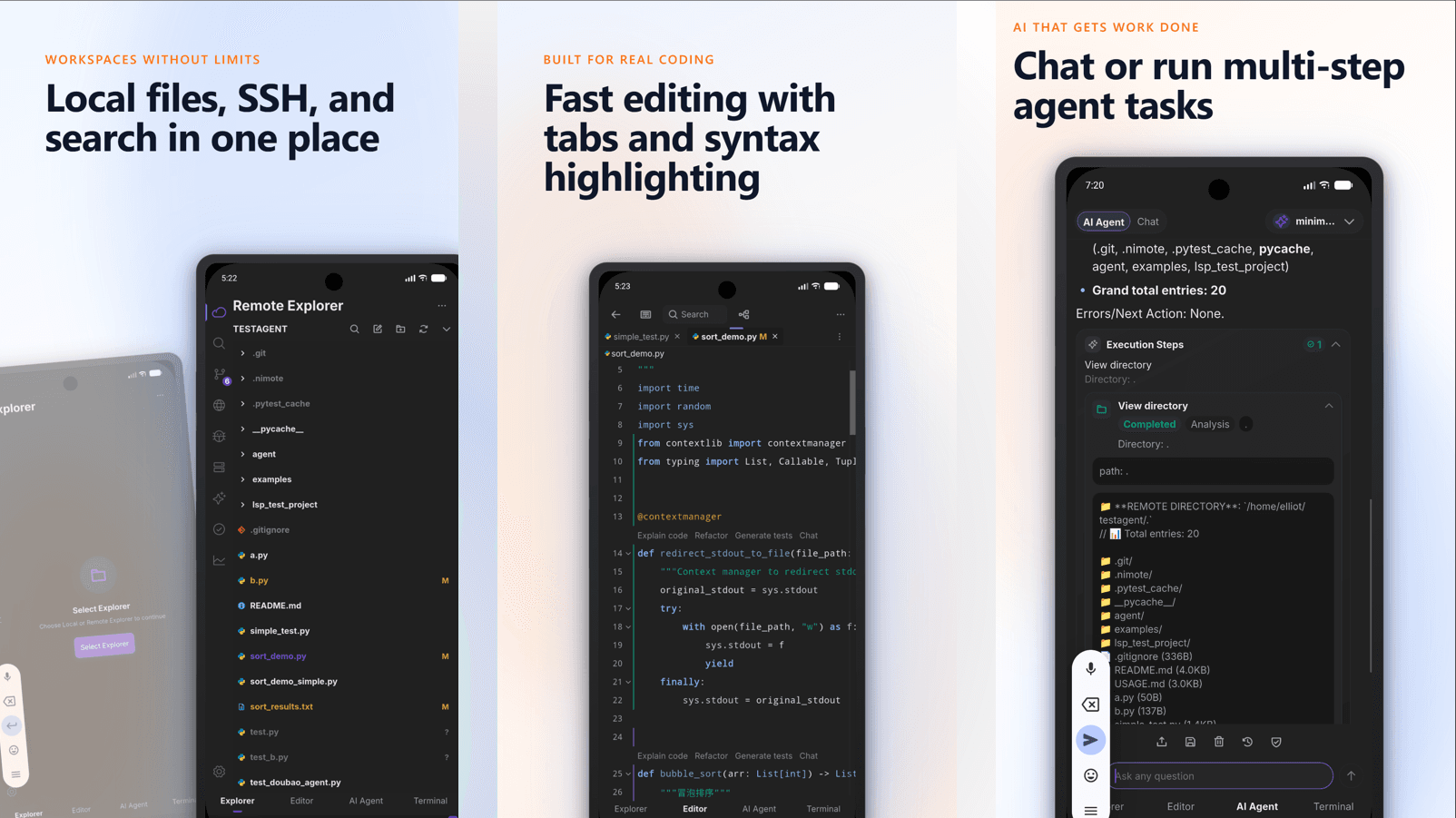 NimoteCode SSH workspace connecting a remote project on Android