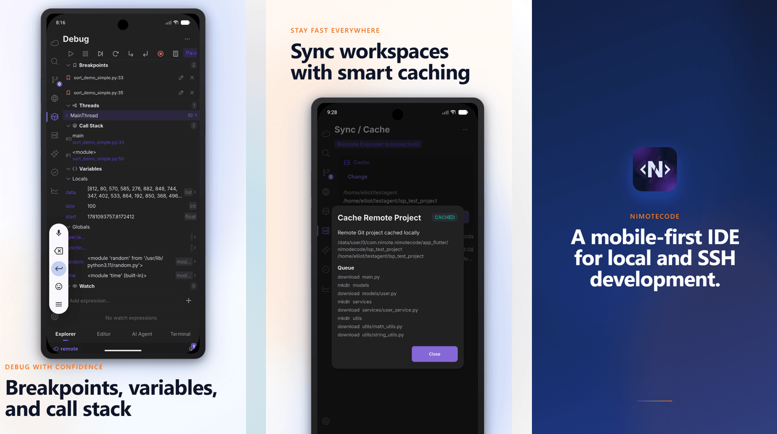 NimoteCode integrated terminal and Git view on mobile