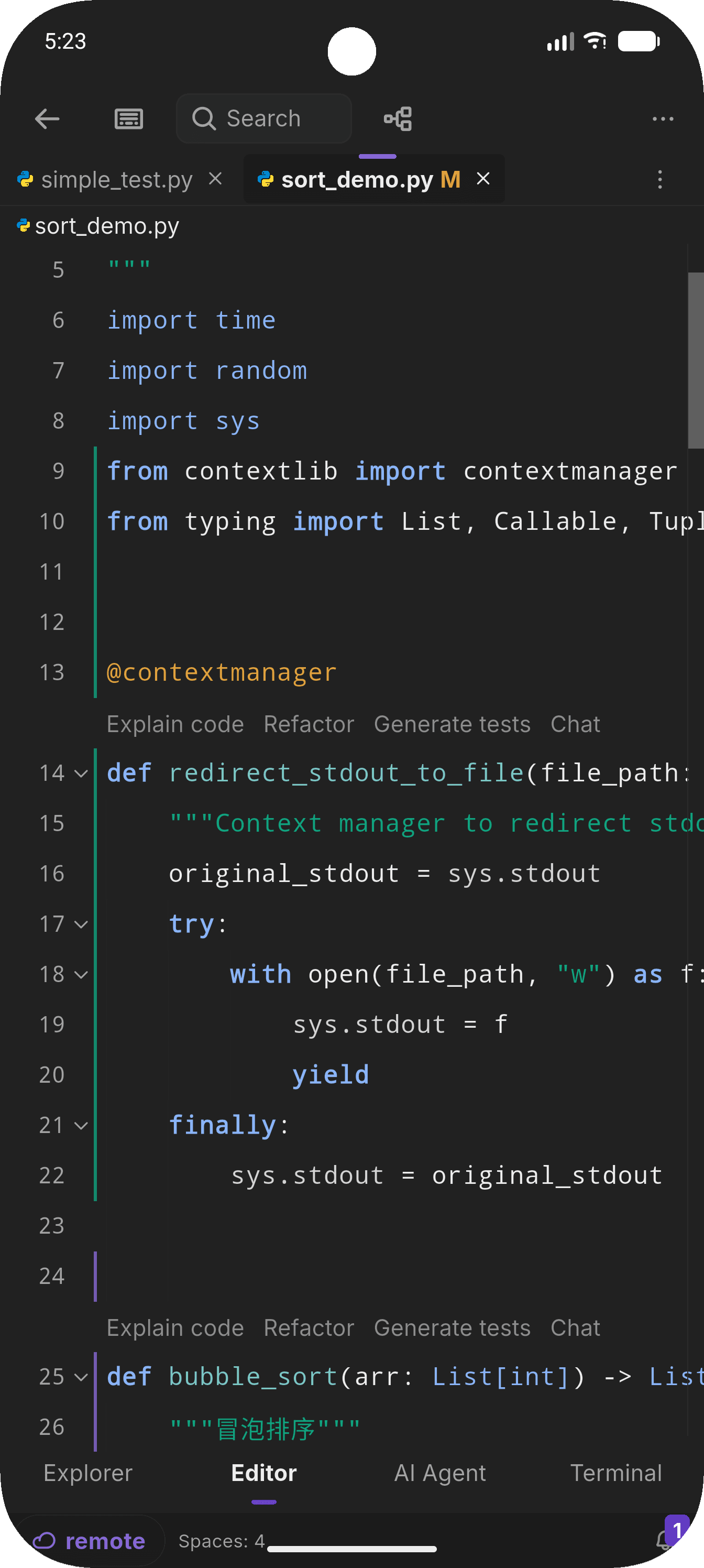 NimoteCode code editor on a mobile device