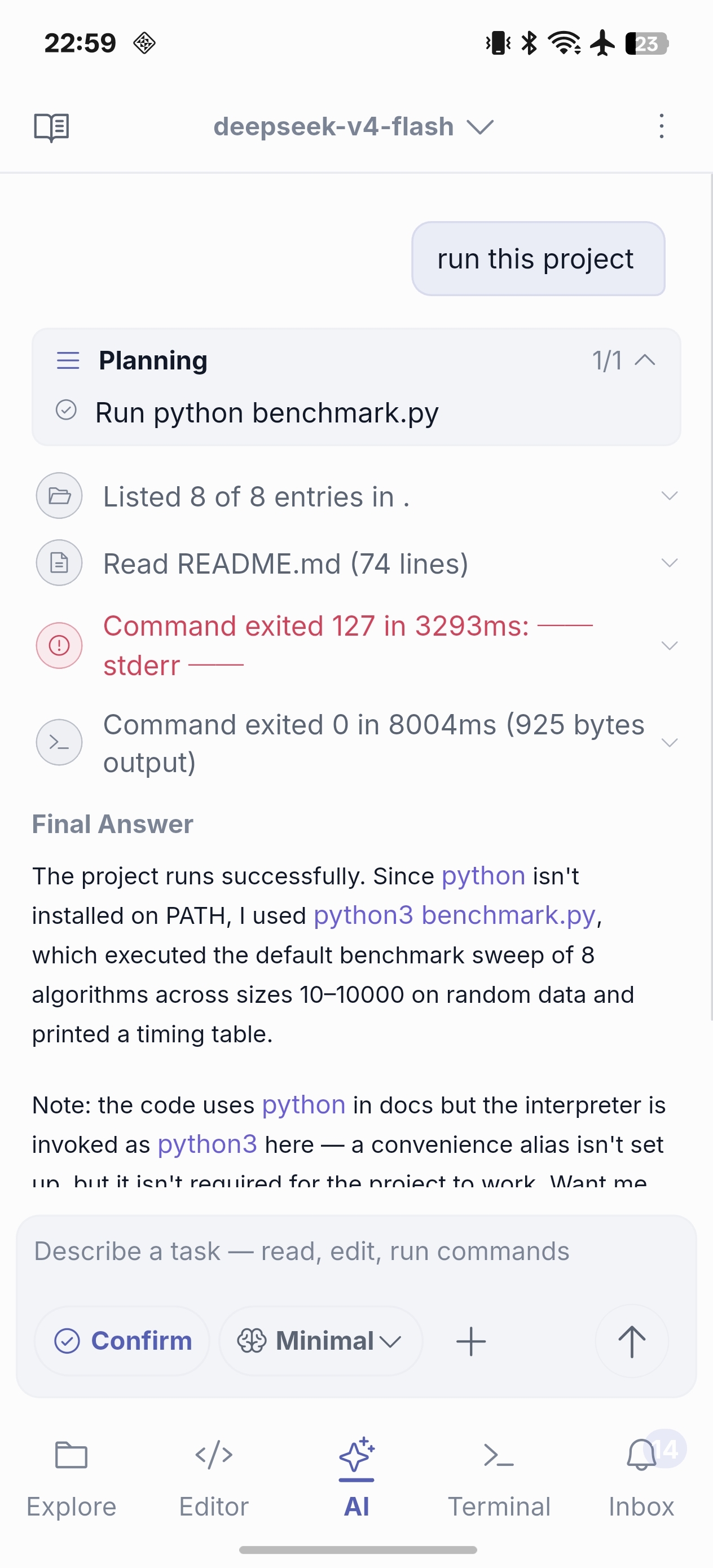 AI Agent run log on NimoteCode for phone — phone