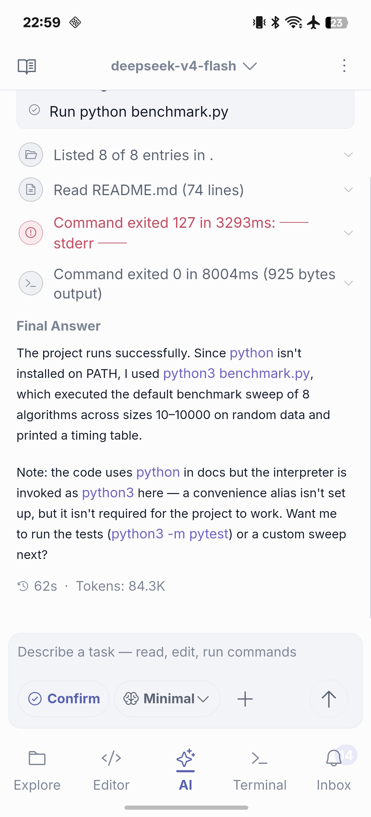 AI Agent running a Python benchmark on phone — phone