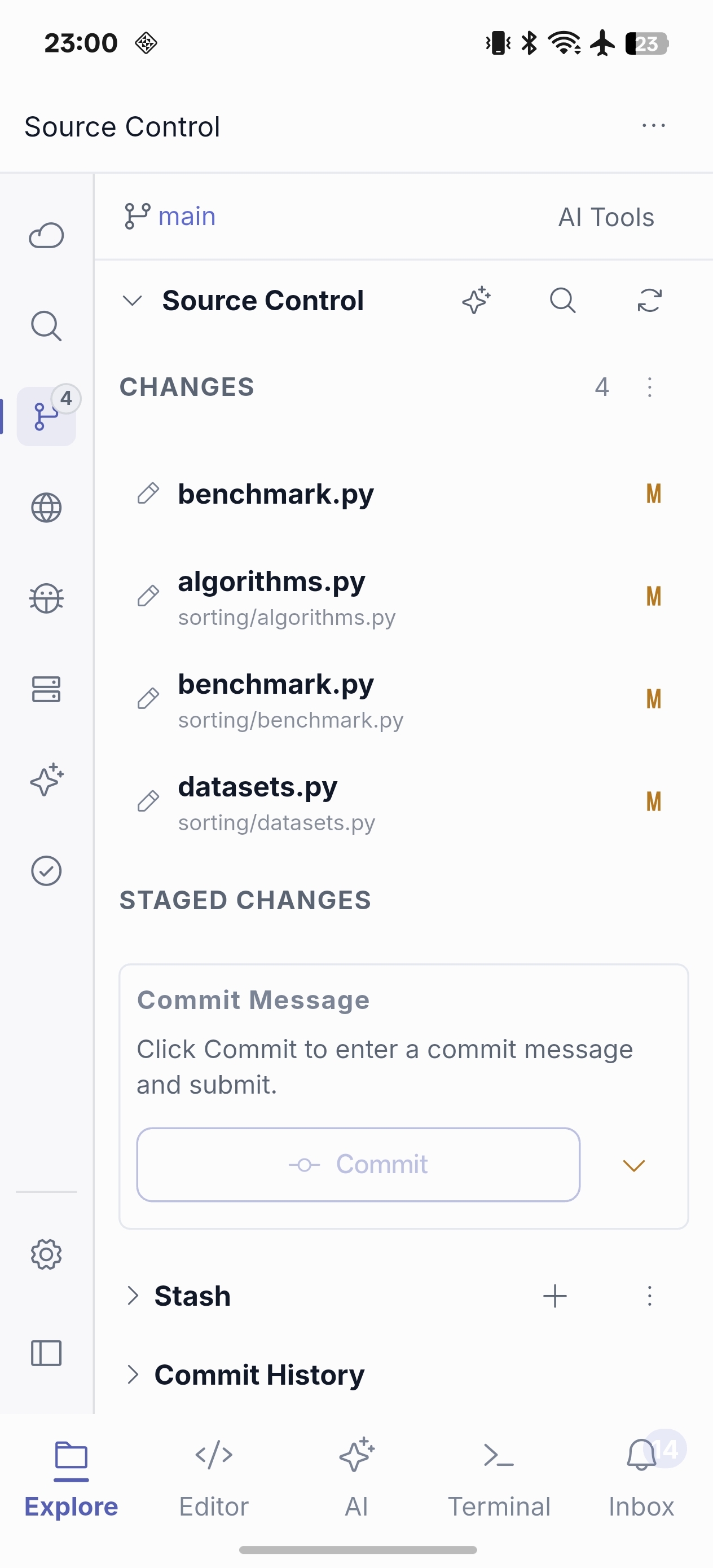 Source Control view with changed files and commit history available before a change is shipped — phone