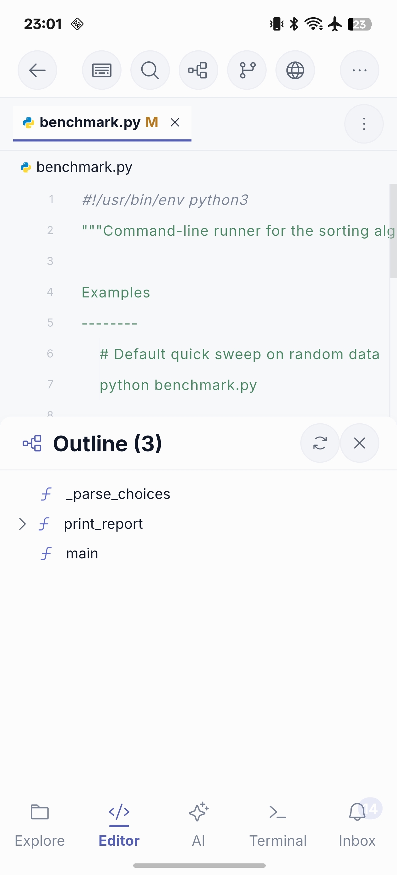 Code editor outline on NimoteCode for phone — phone