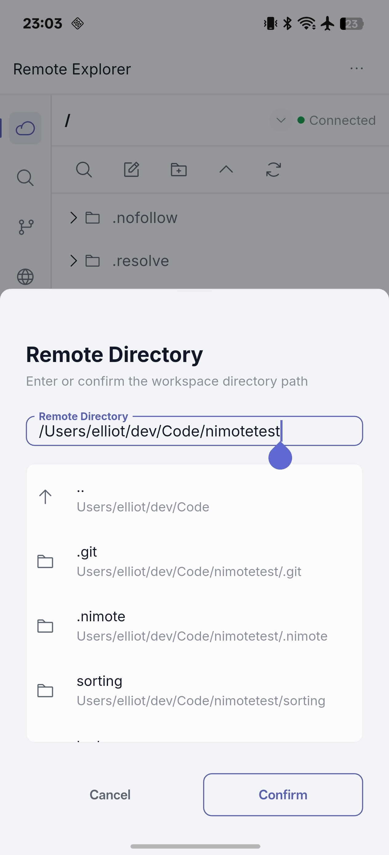 NimoteCode 手机上的远程目录选择对话框 — phone