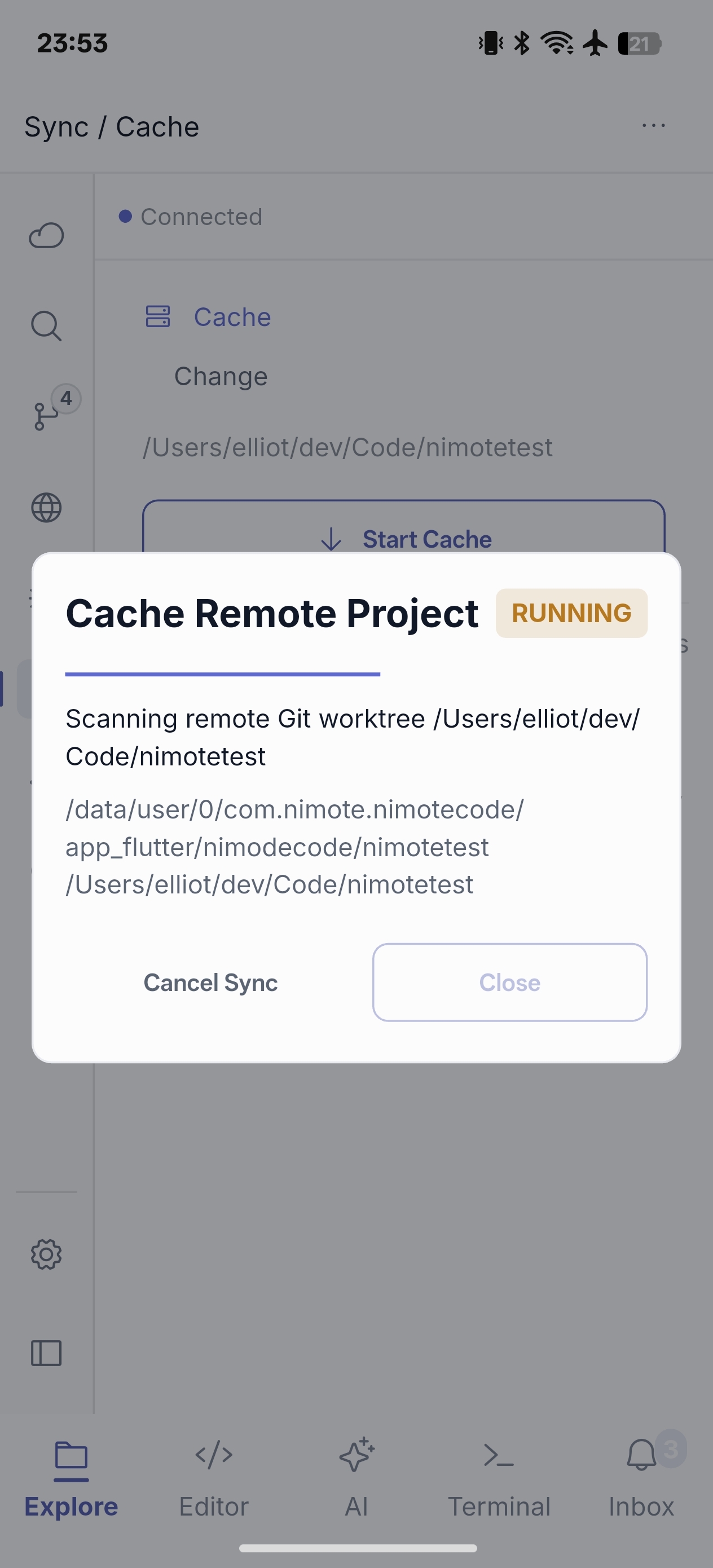 Caching a remote project to a local workspace on NimoteCode for phone — phone