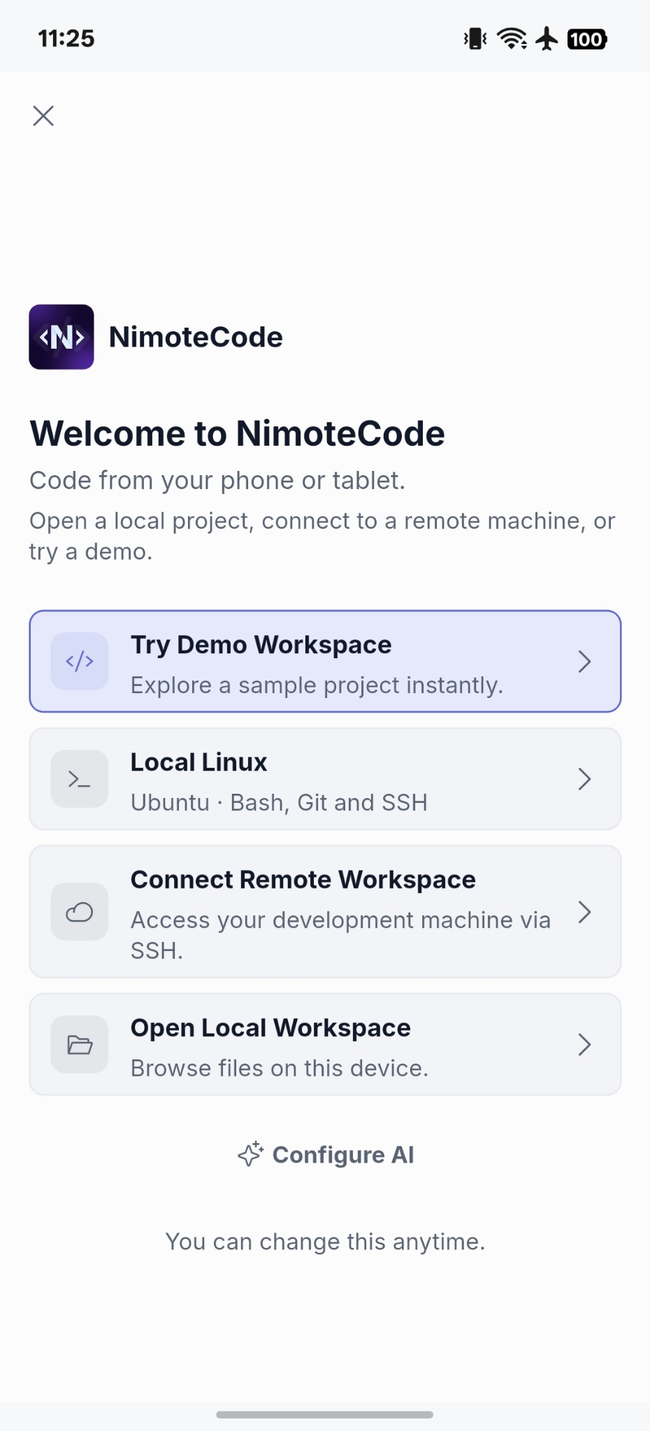 NimoteCode welcome screen with options to open a demo, Local Linux, remote, or local workspace