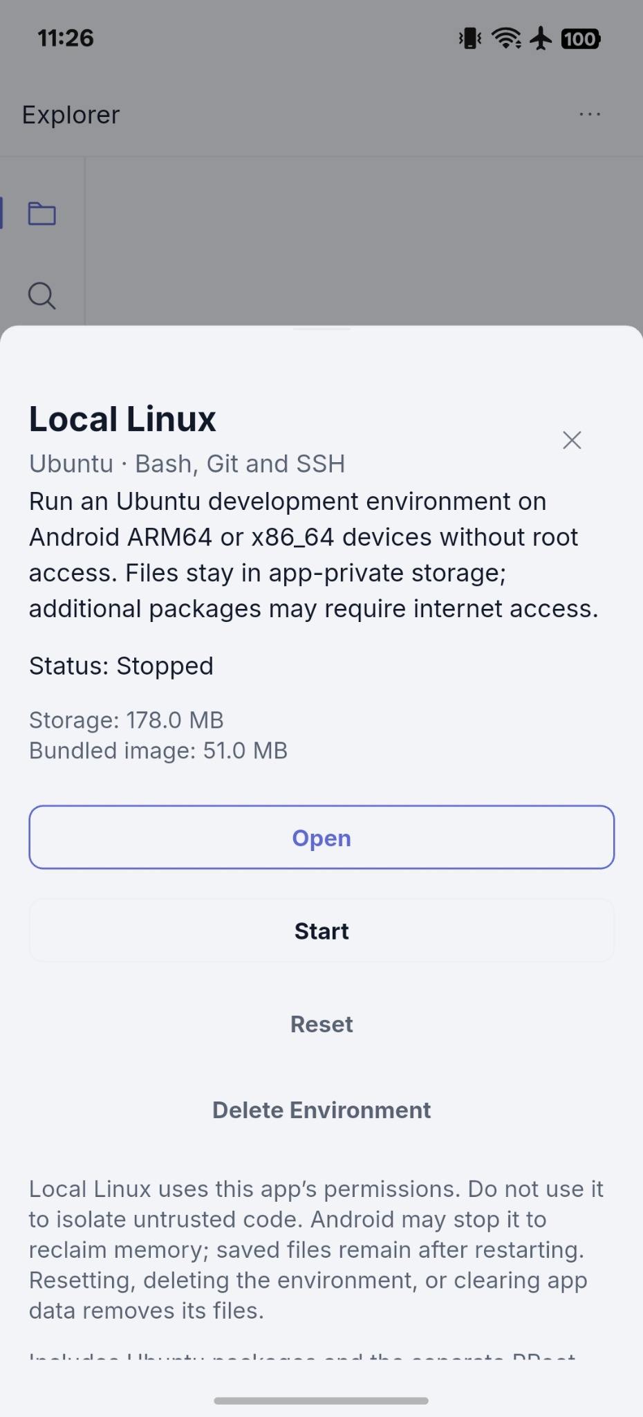 NimoteCode Local Linux panel showing the environment status and Open, Start, Reset, and Delete Environment controls