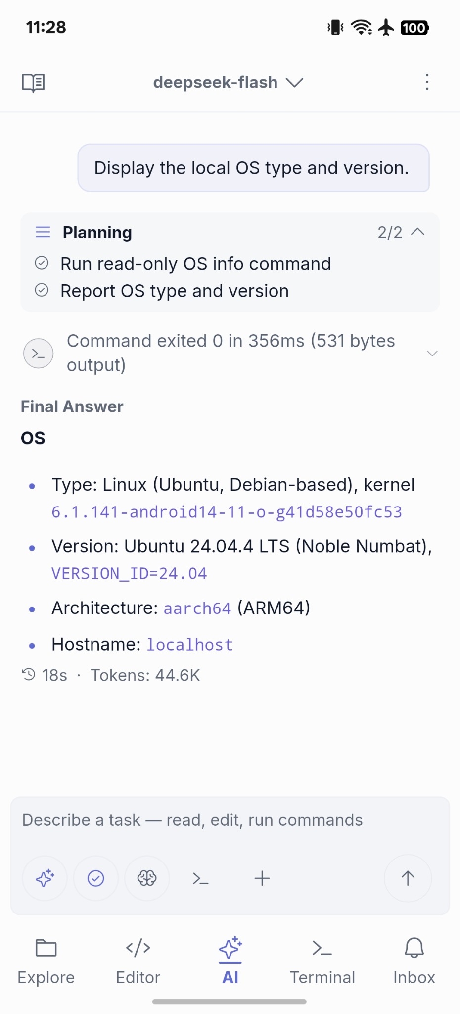 NimoteCode AI Agent reporting the Ubuntu version and ARM64 architecture from a Local Linux workspace