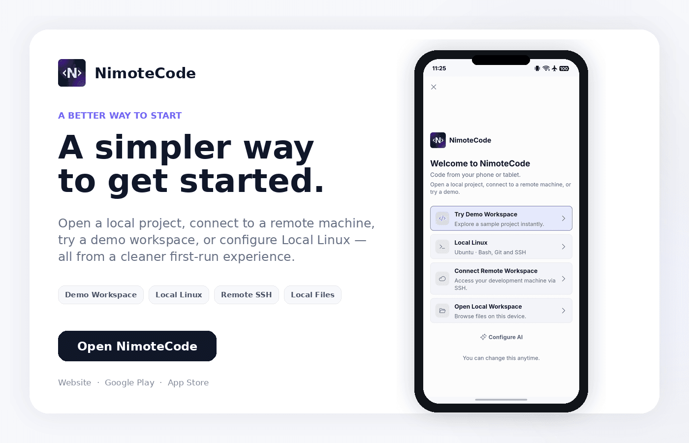 NimoteCode overview showing the welcome screen and options for demo, Local Linux, remote SSH, and local workspaces