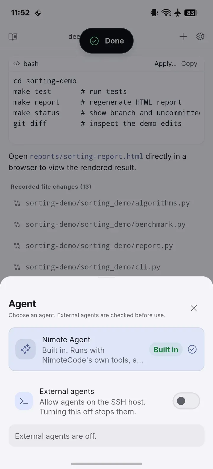 Nimote Agent가 선택되고 외부 Agent가 비활성화된 선택기.