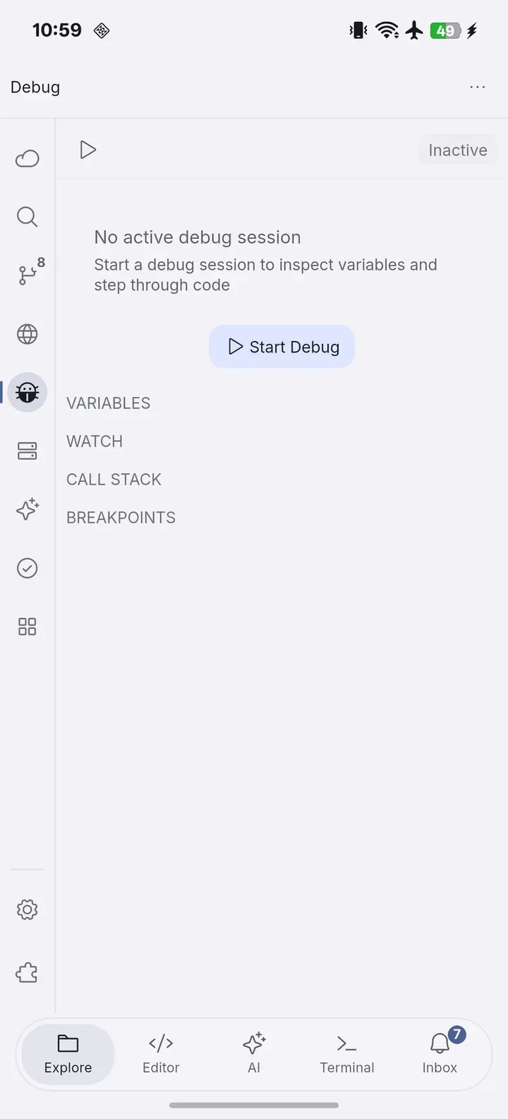 Panel Debug inactivo, sin sesión, variables ni pila de llamadas cargadas.
