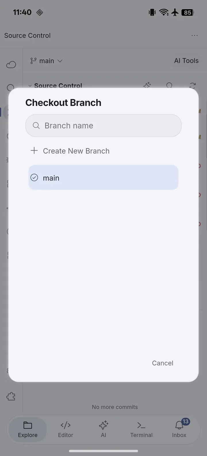 検索と Create New Branch を備えた Checkout Branch ダイアログ。