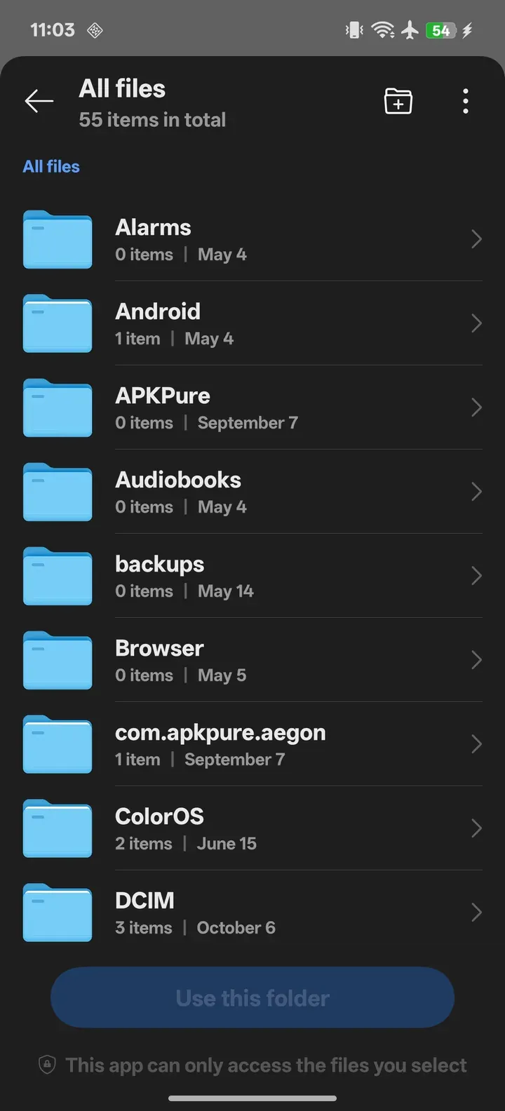 Use this folder 작업이 있는 Android 폴더 선택기.
