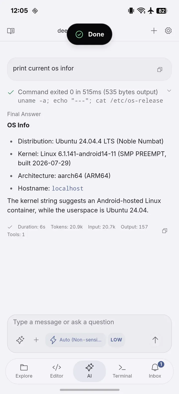 AI response summarizing uname and /etc/os-release output.