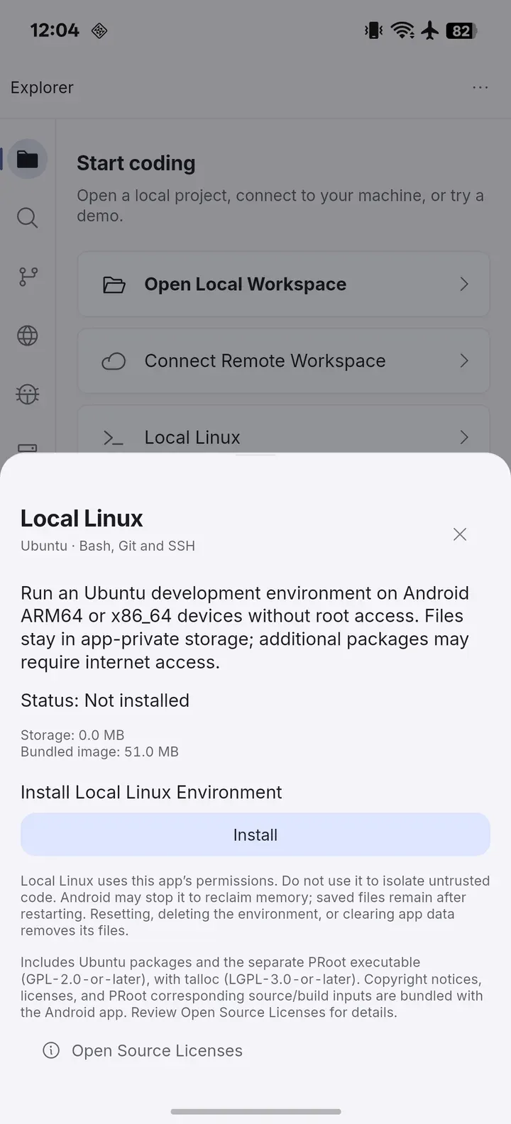 Local Linux installation dialog showing Not installed and the Install action.