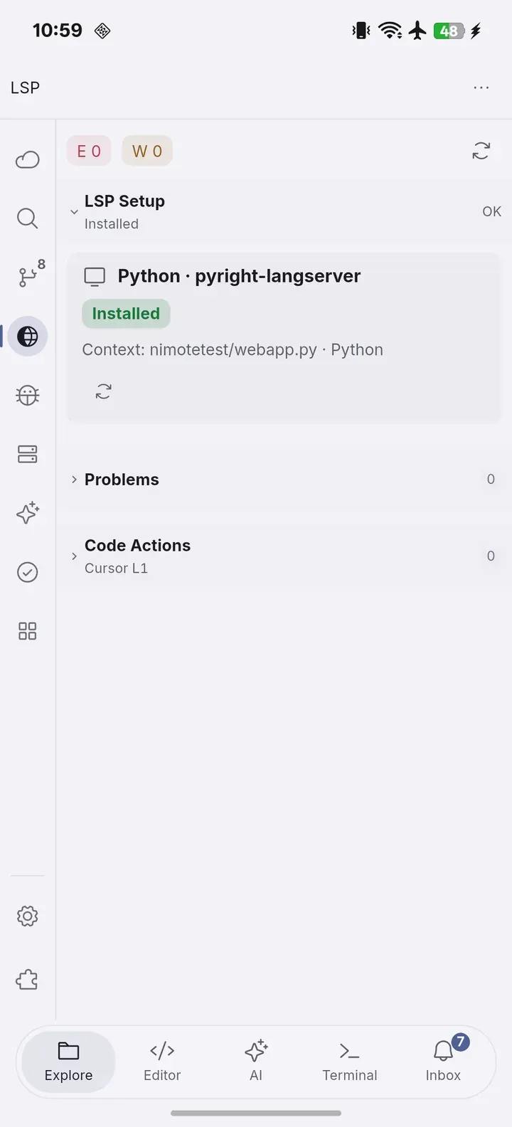 Python 언어 서버 설정과 Problems 및 Code Actions 영역.