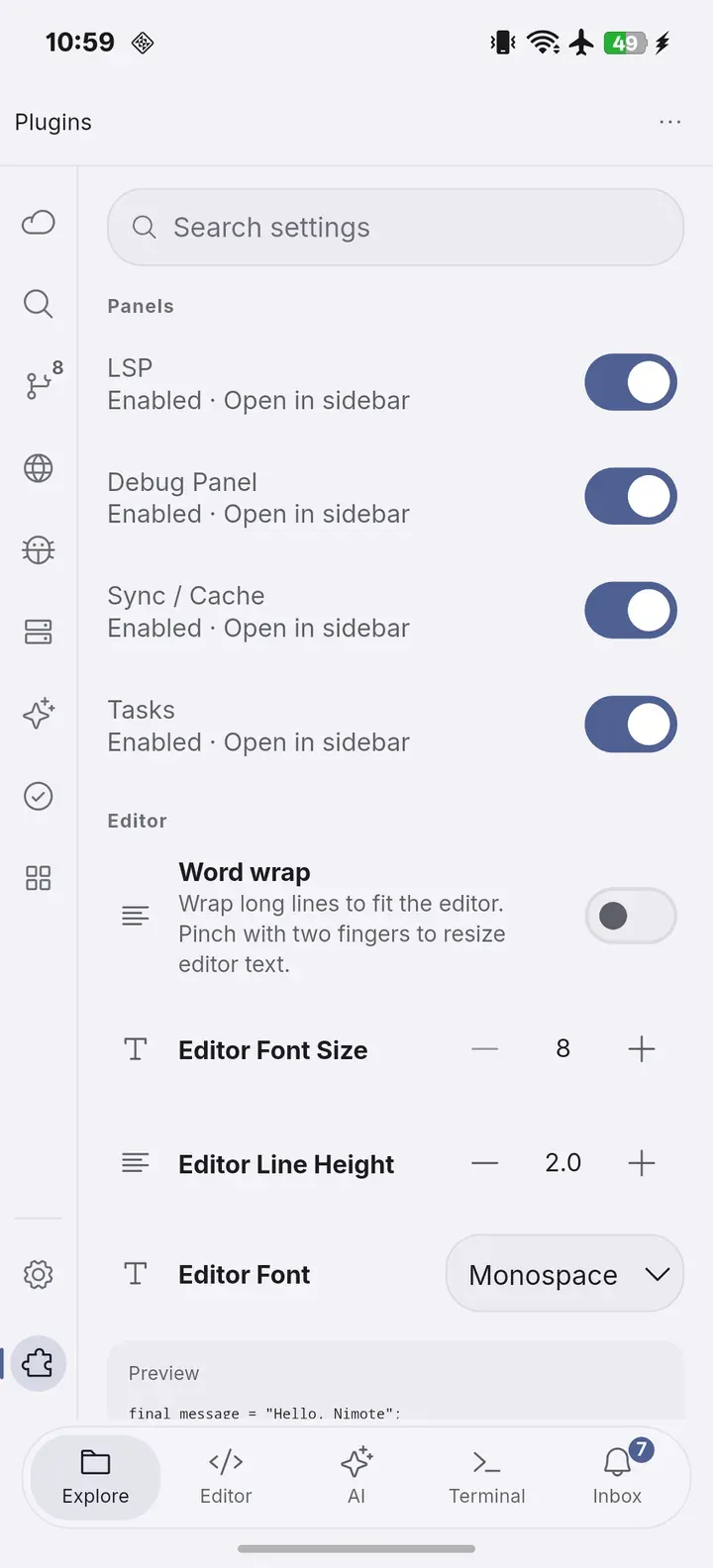 Controles de paneles y tipografía del editor en la página Plugins.