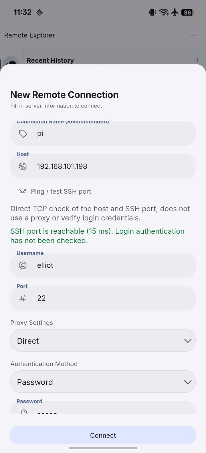 포트 테스트, 프록시 및 인증 설정이 있는 SSH 연결 양식.