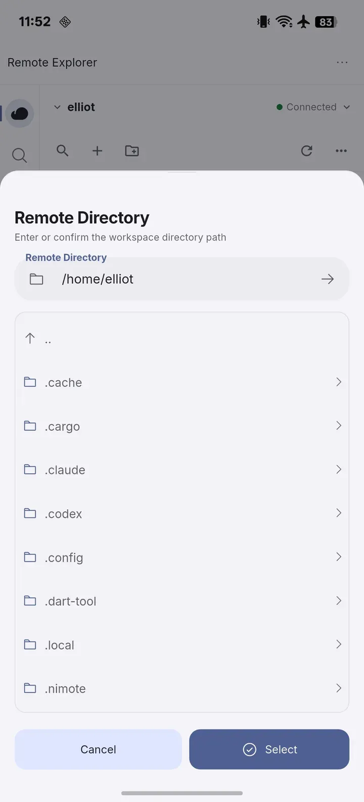 작업 공간 루트를 선택하는 Remote Directory 대화 상자.