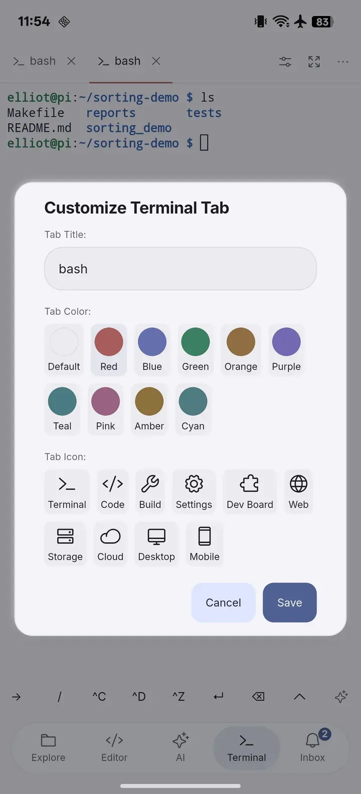Ajustes de título, color e icono de la pestaña.