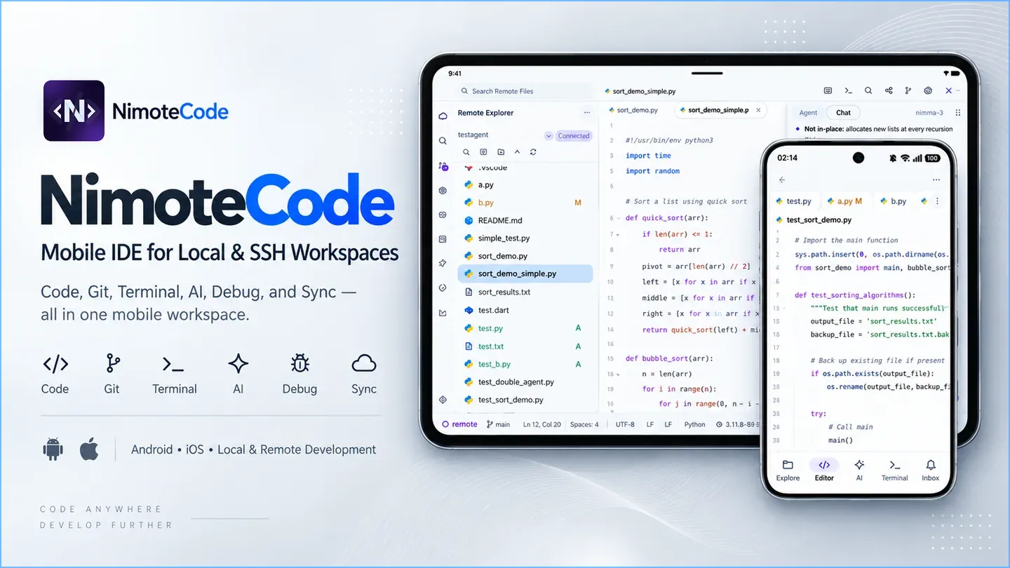 NimoteCode mobile IDE on tablet and phone, showing a remote project explorer, editor, and AI chat